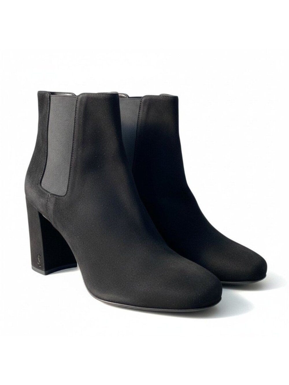 Saint Laurent Side Gore Boots Suede Chunky Heel YSL Logo Black